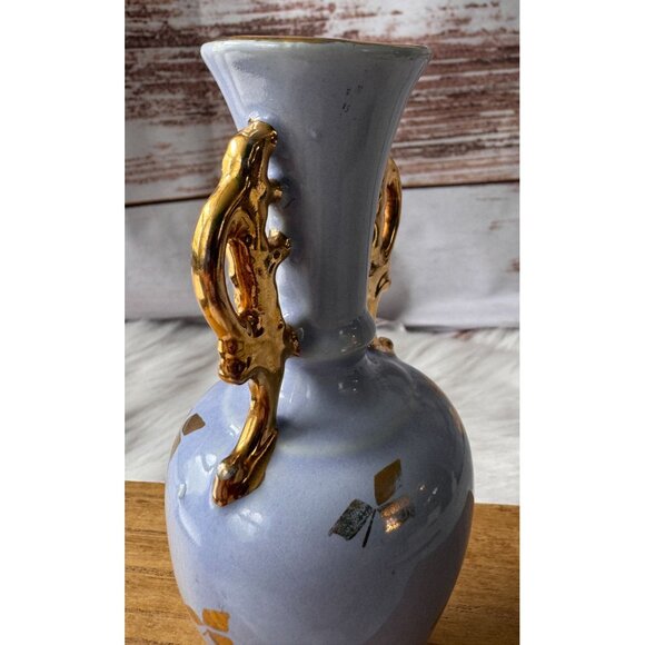 Vintage Light Blue Porcelain Vase With Gold Gilded Handles & Leaf Motif - Picture 5 of 11